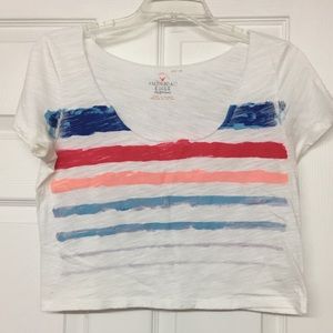 AEO White Cropped Watercolor Multi Color Stripes T-shirt Soft Raw Edge Sz XS